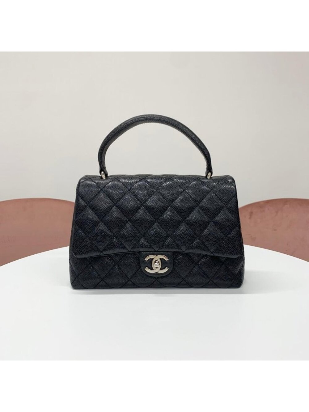 Chanel CC Logo Caviar Leather Quilted Top Handle Handbag